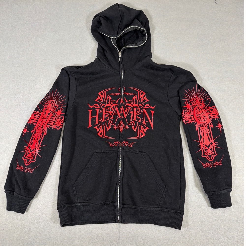 Heavengates Mens Black Red Graphic Full Zip Hoodie Y2K Streetwear Size M